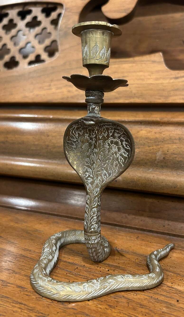 Vintage Etched Brass Cobra Snake Candlestick Holder